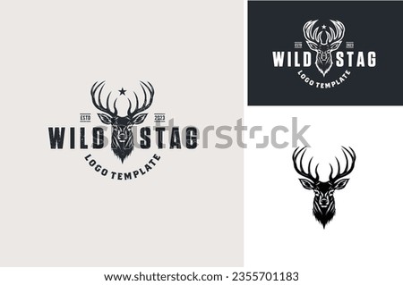 Classic Vintage Antler Deer Face for Wildlife Hunting Logo Design. Silhouette of Cervidae Head like Stag, Buck, Hart, Reindeer, Mule,  Whitetail, Elk.  Royalty-Free Stock Photo #2355701183