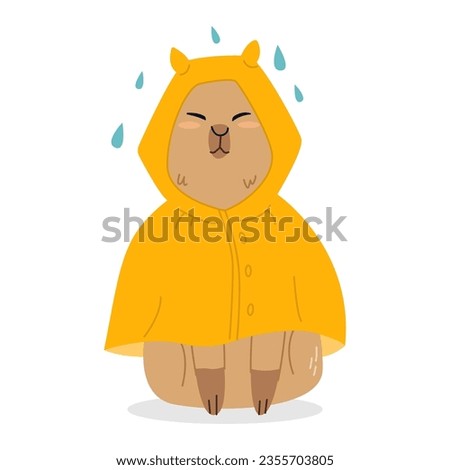 Cute capybara character in a raincoat smiles in the rain . Vector illustration for banners, postcards, stickers, greetings, posters. Children's cute illustration isolated