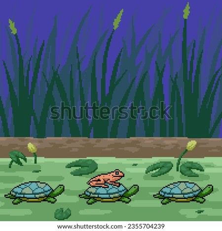 pixel art of frog ride turtle