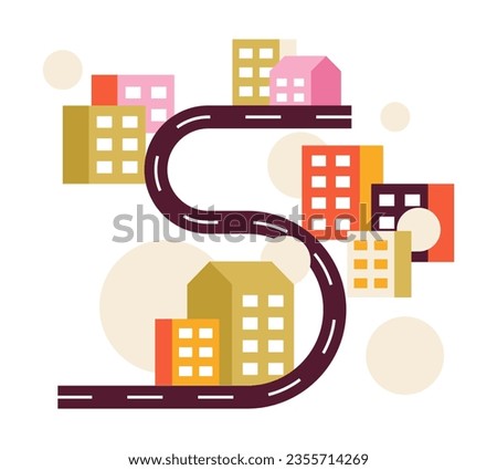 Serpentine road through city semi flat colour vector object. Residential buildings. Editable cartoon clip art icon on white background. Simple spot illustration for web graphic design