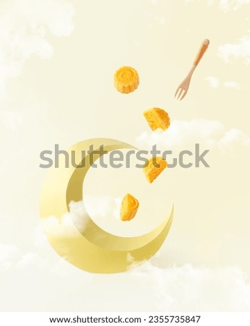 Flying custard mooncakes floating on the clouds with a yellow moon