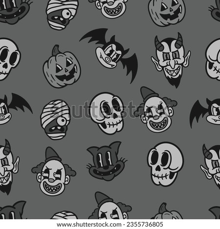 vintage horror cartoon halloween monsters seamless pattern black and white