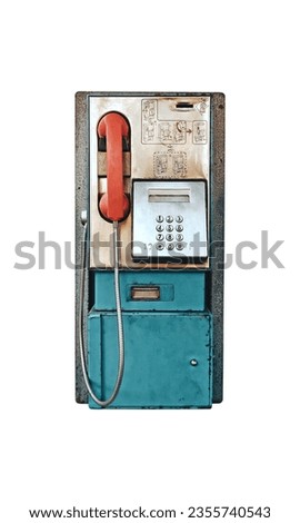 Old vintage coin operated public payphone isolated on white background, front view retro telephone Royalty-Free Stock Photo #2355740543