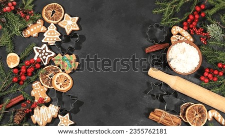 Christmas New Year food, traditional holiday gingerbread and tangerines with fir branches, pine cones and decorations, dish design and food preparation idea, year 2024 background, baking concept,