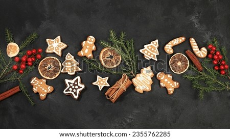Christmas New Year food, traditional holiday gingerbread with fir branches, pine cones and decorations, dish design and food preparation idea, 2024 background, baking concept,