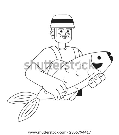 Old fisherman holding big fish flat line black white vector character. Editable thin line half body happy man on white. Simple bw cartoon spot image for web graphic design