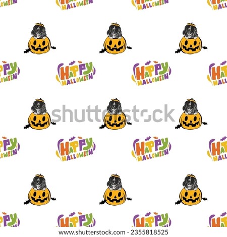 Happy Halloween seamless pattern. Halloween pattern with Happy Halloween text and Springer Spaniel dog peeking out from the pumpkin. Colorful Calligraphy, Hand Drawn Cartoon Halloween typography.