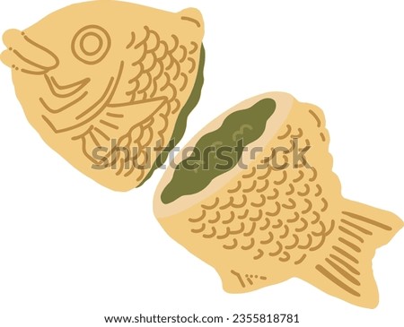 Hand-drawn color illustration of matcha creamTAIYAKI with strained bean paste cut in half.