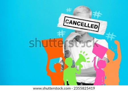 Ban, cancel and woman with censor on face for boycott, silence opinion or shaming. Stop, audience or text overlay for censorship for social media critic, discrimination and abstract blue background Royalty-Free Stock Photo #2355825419
