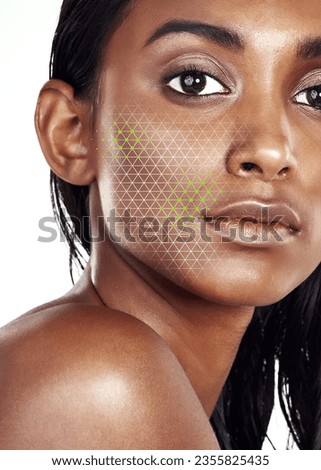 Portrait, change and facial recognition for beauty with a woman in studio isolated on white background. Skincare, hologram and a model scanning her face for makeup innovation, transformation or tech