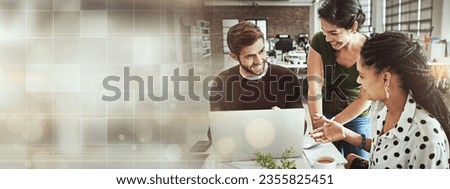 Business banner, laptop and happy people teamwork, web designer communication and group collaboration on website design. Happiness, mockup grid space and professional team cooperation on SEO project