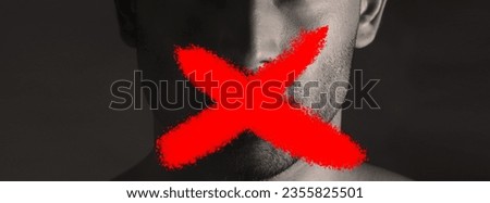 Protest, man and cancel culture sign on mouth with censorship for bullying, violence and social media on black background. Silence, person and letter on lips with support for solidarity in studio