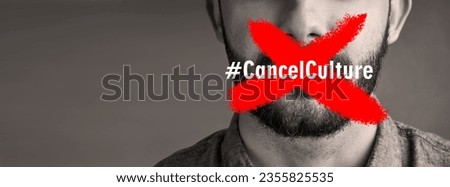 Cancel culture, man and protest sign on mouth with censorship for bullying, violence and social media with mockup space. Silence, person and words on lips with support for solidarity in studio Royalty-Free Stock Photo #2355825535