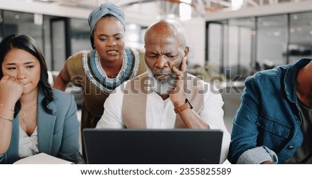 Business people, laptop and team confused with sad news, marketing mistake and social media disaster or risk. Manager, editor and group of employees reading on computer for copywriting error or fail