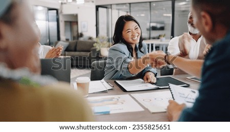 Contract, handshake and business people with success in meeting and applause for agreement, negotiation and b2b partnership. Deal, shaking hands and congratulations in office for contact, sale or crm Royalty-Free Stock Photo #2355825651