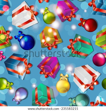 New year pattern with Gifts and Christmas tree toys. Sparkles and bokeh. Shiny and glowing