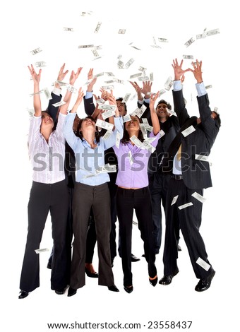 Group of business people catching dollars under money rain - isolated