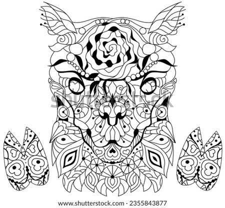 Zentangle stylized head alpaca with hooves. Hand drawn decorative vector illustration