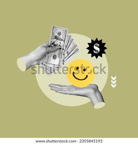money for happiness, money in exchange for peace of mind, hand with a happy face, hand with money, dollars, concept, collage