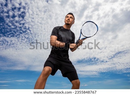 Tennis player on the sky background outdoors. Tennis template for bookmaker design ads with copy space. Mockup for betting advertisement. Sports betting on tenis