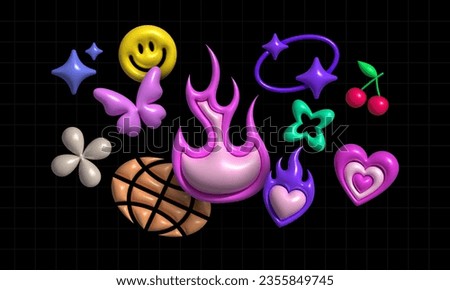 Inflatable Y2K icons collection. Shapes and icon in Y2K style. Inflated 3D element with the plasticine effect. Vector set shapes 