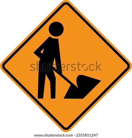 Vector graphic of a usa men working ahead highway sign. It consists of a silhouette of a man with a shovel within a black and orange square tilted to 45 degrees