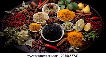 Cooking ingredients, colorful variety of spices, herbs and other ingredients Royalty-Free Stock Photo #2355855733