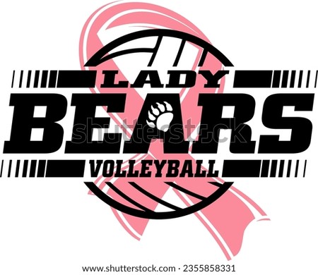 lady bears volleyball team design with pink cancer ribbon for school, college or league sports
