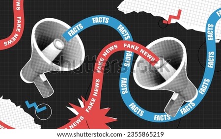 Contemporary art collage. Megaphone with Facts vs Fake News. Social media propaganda. False and truth information spreading. Conspiracy theory. Vector vintage pop art composition banner Royalty-Free Stock Photo #2355865219