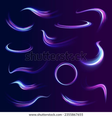 Luminous white lines of speed. Light trail wave, fire path trace line and incandescence curve twirl. 3d render. Abstract neon blue and purple circle. Glowing shiny lines effect vector background. 