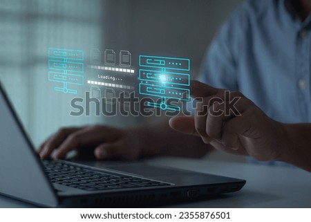 Hand touch on server for Send of document on internet. Data transfer, Transfer file of data between folder, Backup data, Exchange of file on folder, DMS. Virtual document loading to another folder. Royalty-Free Stock Photo #2355876501