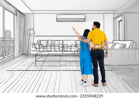 Back View Of Young Indian Couple Planning And Dreaming Of Their New Home Or Apartment. Imagining Interior Of New house. Moving Day Royalty-Free Stock Photo #2355948229