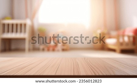 Empty wooden table in baby room interior Royalty-Free Stock Photo #2356012823