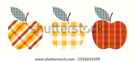 Clip art set of apples in tartan texture, on isolated background. Hand drawn background for Autumn harvest holiday, Thanksgiving, Halloween, seasonal, textile, scrapbooking.