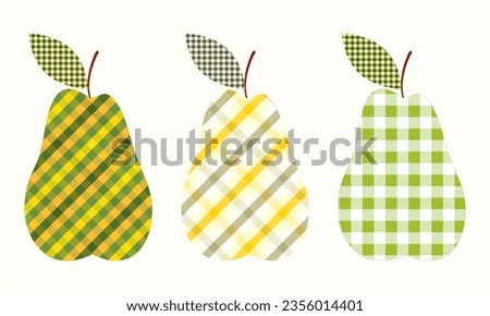 Clip art set of pears in tartan texture, on isolated background. Hand drawn background for Autumn harvest holiday, Thanksgiving, Halloween, seasonal, textile, scrapbooking.