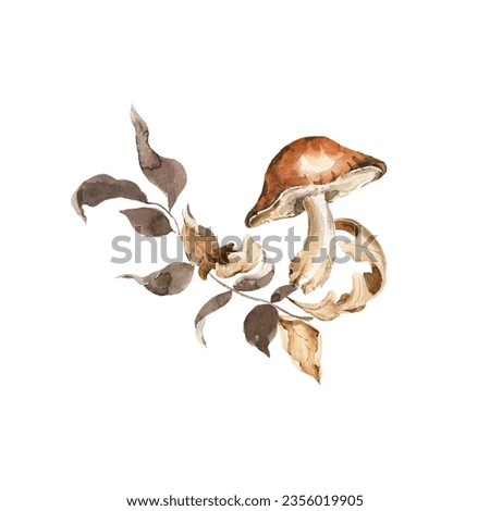 Watercolor floral bouquet. Hand painted autumn composition of forest leaves, fern, fall dried leaf, mushrooms, isolated on white background. illustration for card design, harvest print