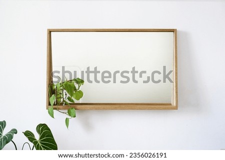 Minimalist White Oak Mirror Shelf, Modern Wall Decor, Small Plant, Oakwood Furniture, Interior Styling                         Royalty-Free Stock Photo #2356026191