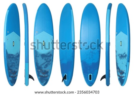 Collage with SUP board with paddle isolated on white, different sides Royalty-Free Stock Photo #2356034703