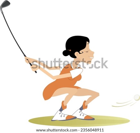 Golfer woman on the golf course. 
Golf course. Pretty young golfer woman aiming to do a good shot. Isolated on white background
