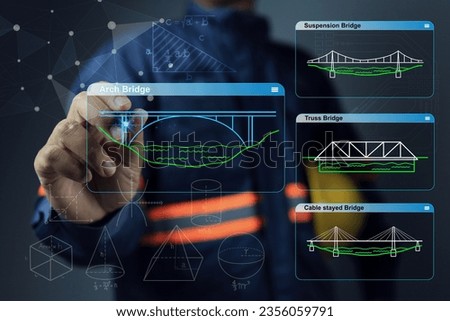 Civil engineer is calculating and designing to select a bridge to be built that is suitable for use in the terrain or river characteristics for maximum efficiency. Royalty-Free Stock Photo #2356059791