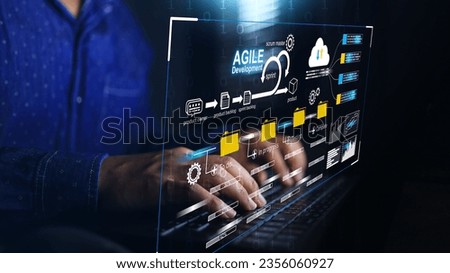 devops engineer software development IT operation work with agile development gestures as programer concept with the agile icon computer screen project manager operation sysadmin typing on keyboard Royalty-Free Stock Photo #2356060927
