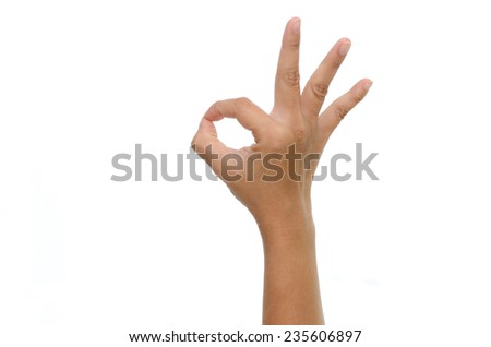 woman hand showing ok sign on white background isolated