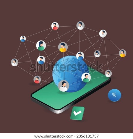Smartphone with social network and people. Isometric vector illustration