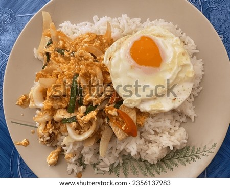 a photography of a plate of food with rice, meat, and an egg, plate of food with rice, meat, and an egg on it.