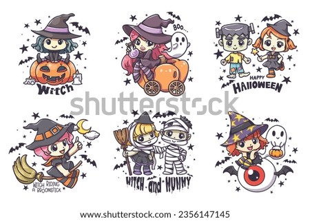 Cartoon illustration of Little witch with Halloween party. These cute cartoon file are perfect for T-shirts, phone cases, bags, mugs, stickers, tumblers.