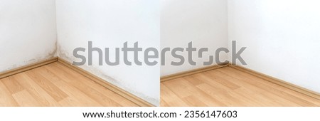 Mold in the corner of a wall above the laminate flooring, photos before and after cleaning
Comparative Before and after black mold dirty wall with clean white wall  Royalty-Free Stock Photo #2356147603