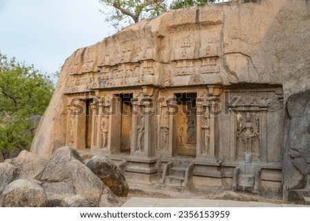 Mahishamardini Rock Cut Mandapa built by Pallavas is UNESCO World Heritage Site located at Great South Indian architecture, Tamil Nadu, Mamallapuram or Mahabalipuram Royalty-Free Stock Photo #2356153959