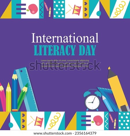 International Literacy Day. Education concept with book, pen, pencil, and study material vector illustration.