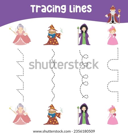 Tracing vertical lines activity with cute fairytale kingdom theme. Tracing worksheet for kids practising the motoric skills. Educational printable worksheet. Vector illustration. Royalty-Free Stock Photo #2356180509