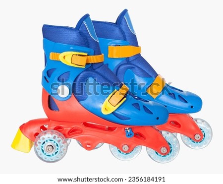 Blue, red and yellow adjustable roller skates with 4 wheels and a stopper for kids’ outdoor indoor sports activity 